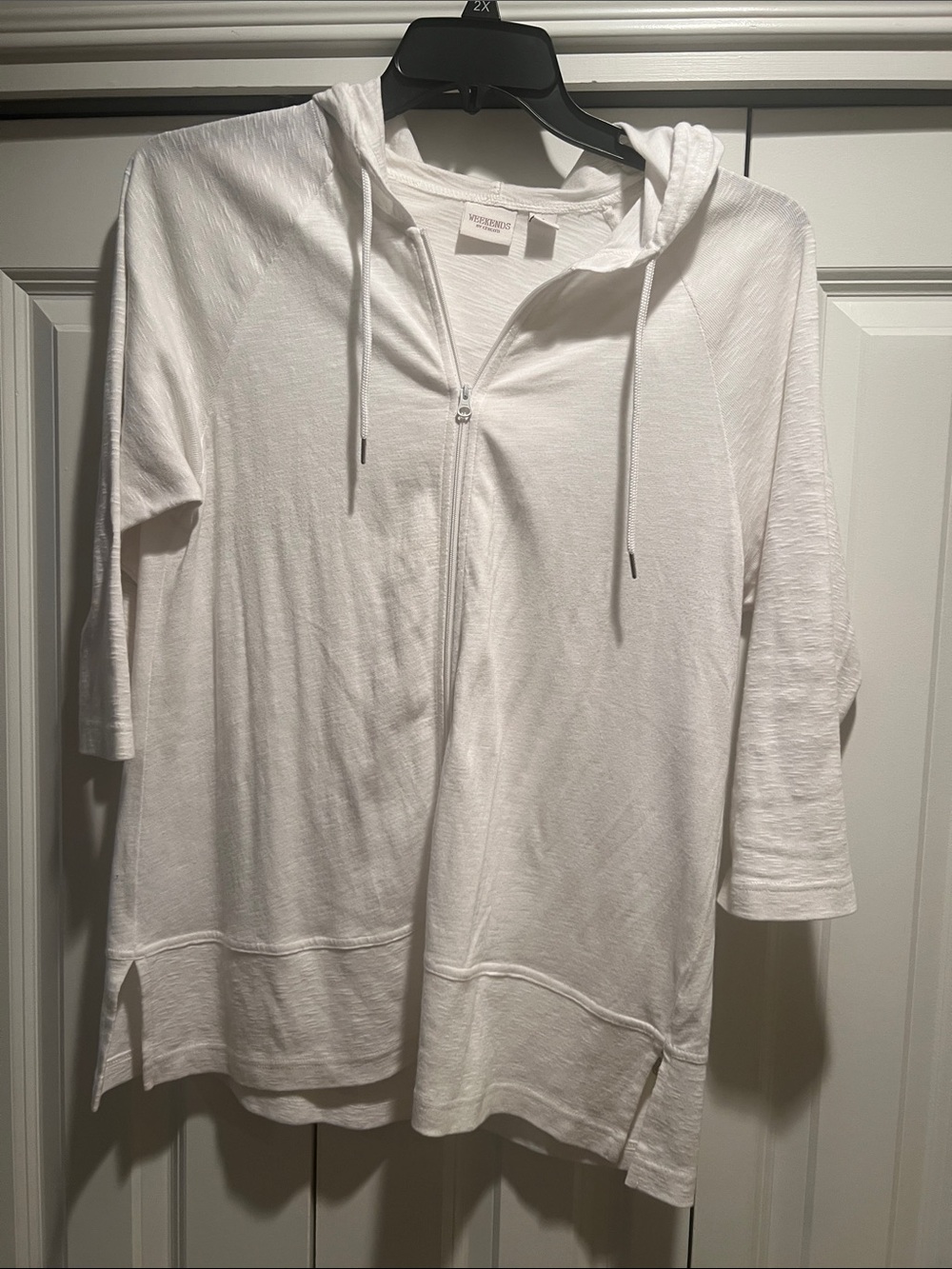 Lightweight White Zip Hoodie with Hood and Drawstrings by Weekends by Chicos